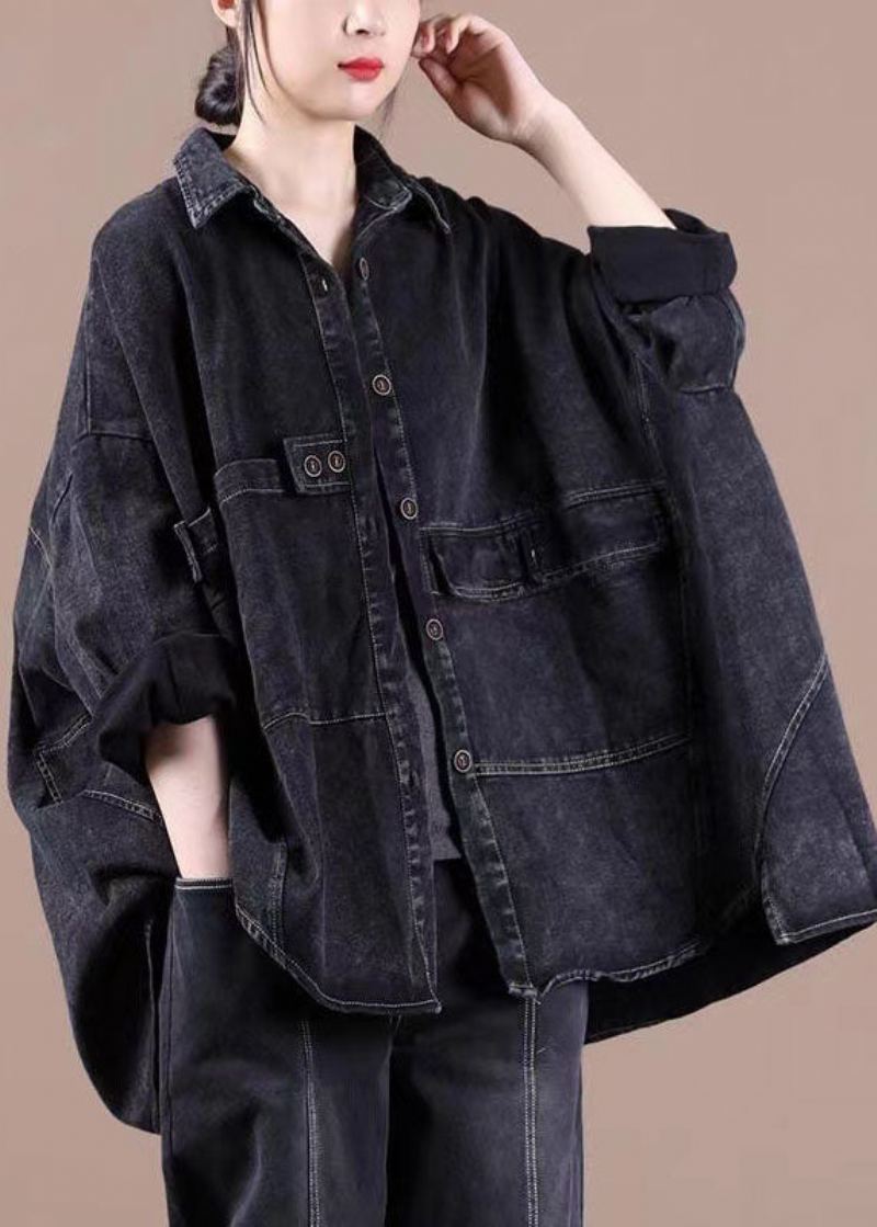 Mode Noir Bouton Ample Patchwork Conception Asymétrique Automne Denim À Manches Longues Blouse Hauts - Manteaux d'hiver femmes