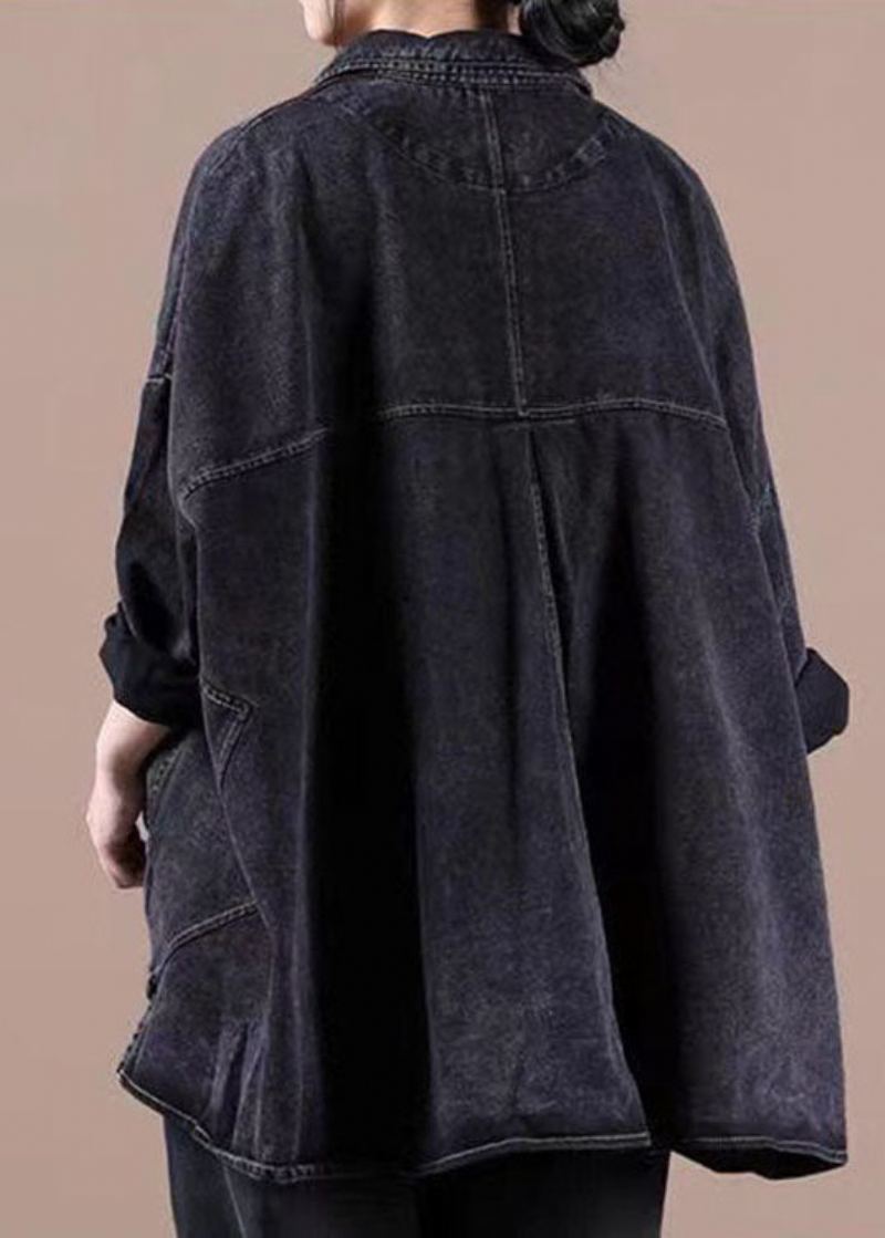 Mode Noir Bouton Ample Patchwork Conception Asymétrique Automne Denim À Manches Longues Blouse Hauts - Manteaux d'hiver femmes