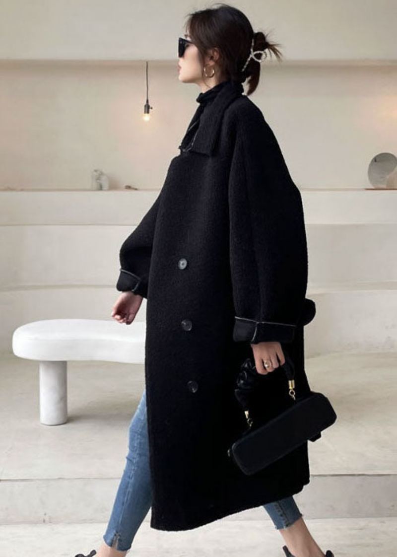 Mode Noir Col Claudine Épais Fausse Fourrure Vêtements D'extérieur Hiver - Noir