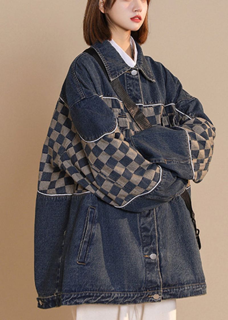 Mode Noir Col Claudine Plaid Patchwork Bouton Coton Denim Manteau Automne