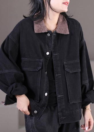 Mode Noir Col Claudine Velours Côtelé Patchwork Bouton Denim Manteaux Automne