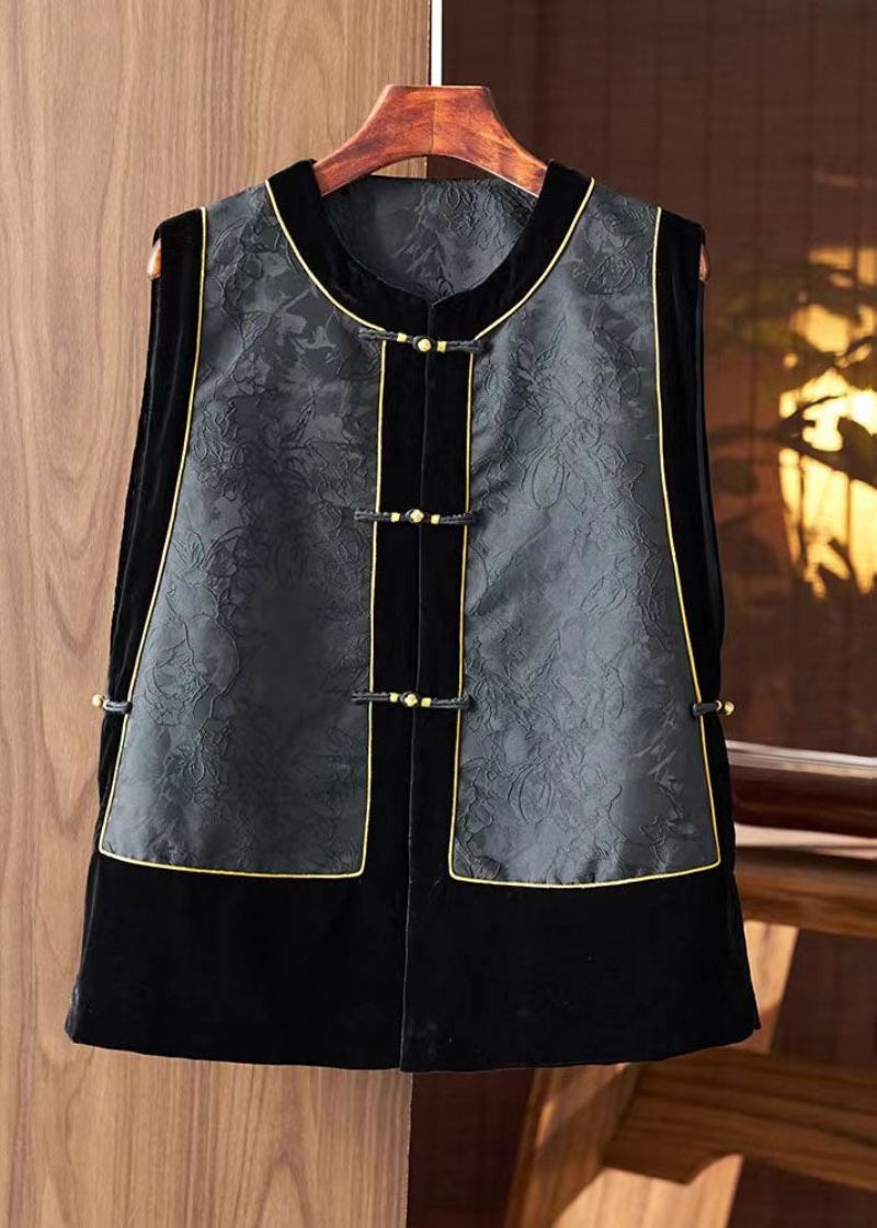 Mode Noir Col Rond Brodé Soie Patchwork Gilet Sans Manches