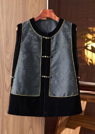 Mode Noir Col Rond Brodé Soie Patchwork Gilet Sans Manches