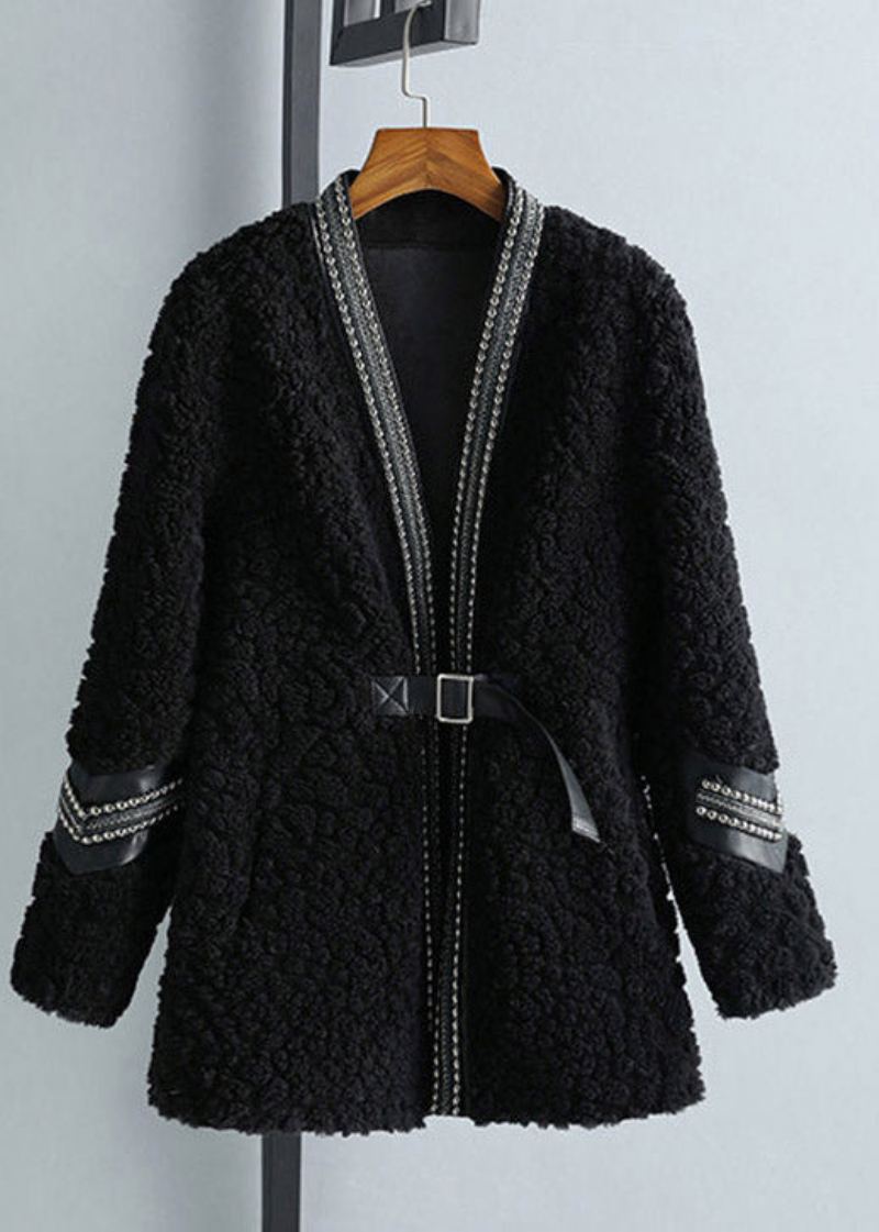 Mode Noir Col En V Patchwork Ceintures Manteau En Fausse Fourrure Hiver