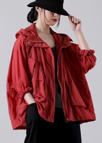 Mode Rouge À Manches Longues Upf 50+ Manteau Veste D'été À Capuche