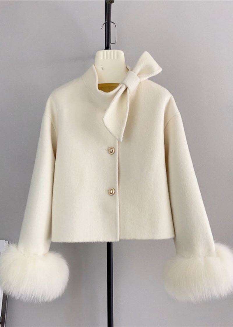 Nouveau Blanc Laine Noeud Bouton Renard Cheveux Manchette Manteau Court Hiver