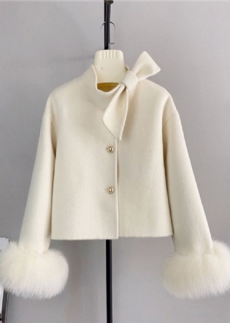 Nouveau Blanc Laine Noeud Bouton Renard Cheveux Manchette Manteau Court Hiver