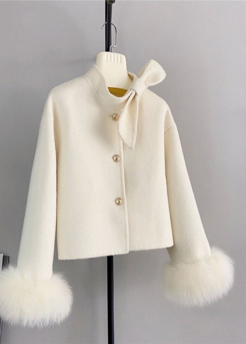 Nouveau Blanc Laine Noeud Bouton Renard Cheveux Manchette Manteau Court Hiver - Manteaux d'hiver femmes