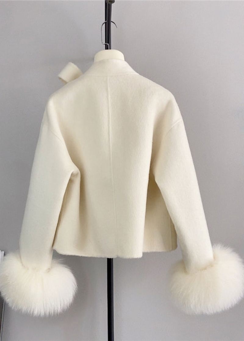 Nouveau Blanc Laine Noeud Bouton Renard Cheveux Manchette Manteau Court Hiver - Manteaux d'hiver femmes