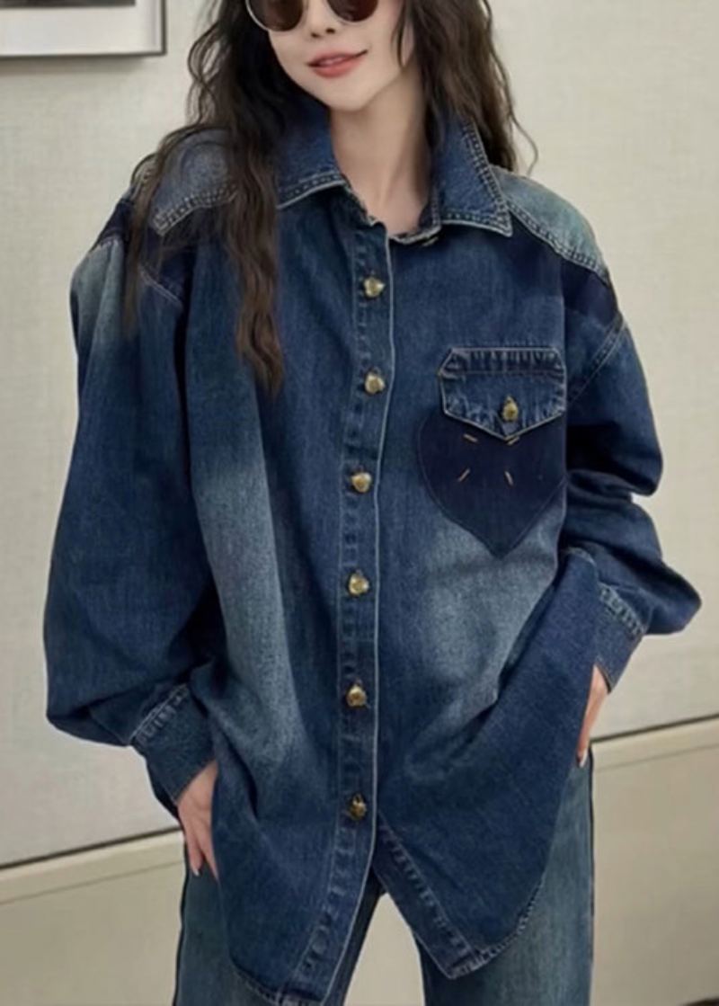 Nouveau Bleu Col Claudine Bouton Denim Chemises Manteaux À Manches Longues