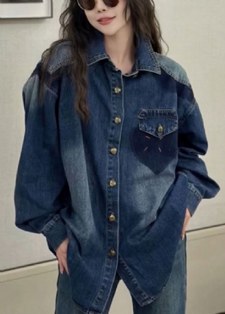 Nouveau Bleu Col Claudine Bouton Denim Chemises Manteaux À Manches Longues