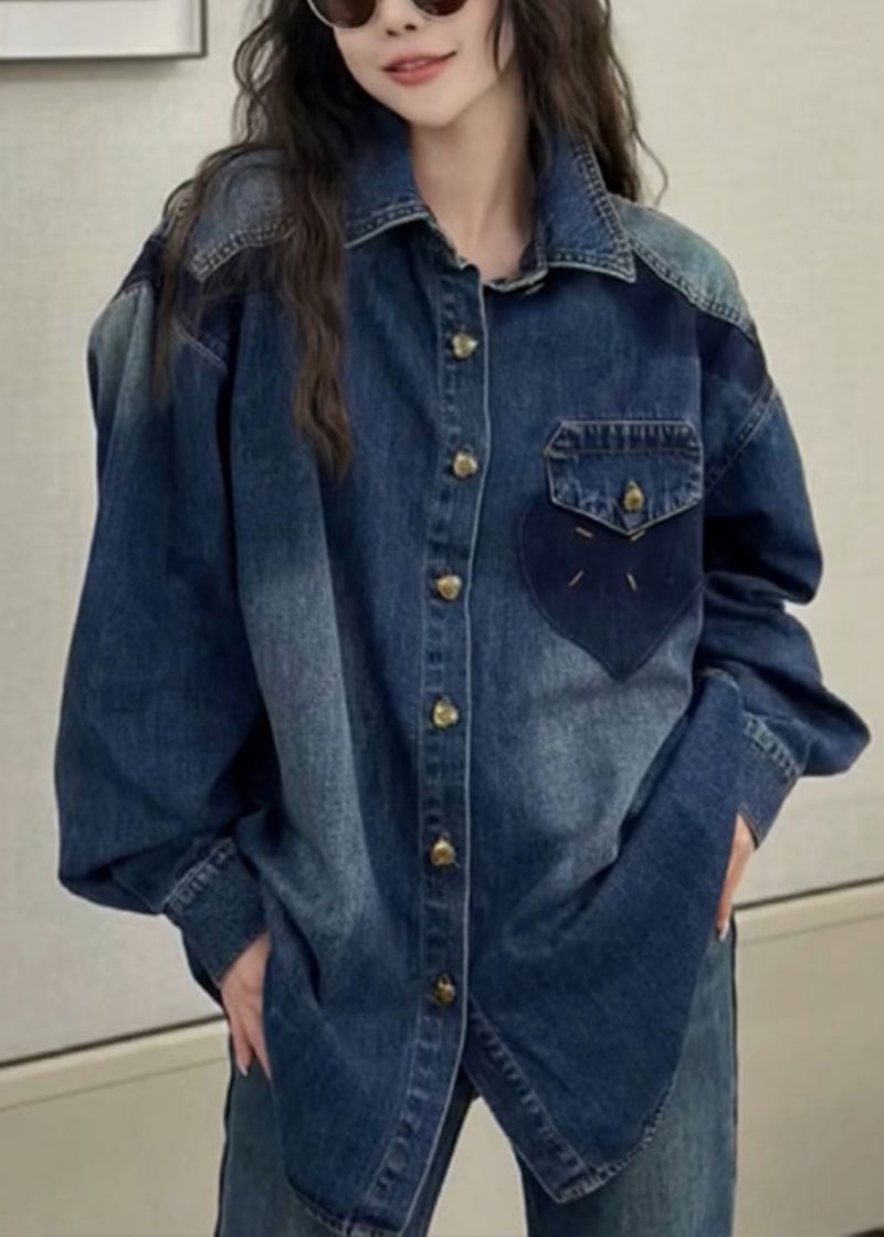 Nouveau Bleu Col Claudine Bouton Denim Chemises Manteaux À Manches Longues - Manteaux d'hiver femmes