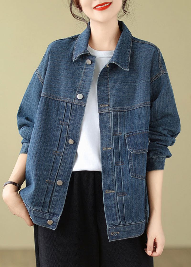 Nouveau Bleu Col Claudine Poches Denim Manteau Automne