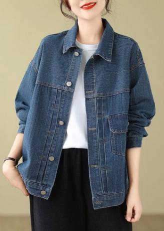 Nouveau Bleu Col Claudine Poches Denim Manteau Automne