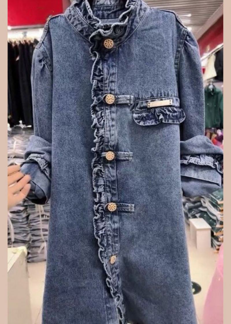 Nouveau Bleu À Volants Bouton Denim Manteaux À Manches Longues - Manteaux d'hiver femmes