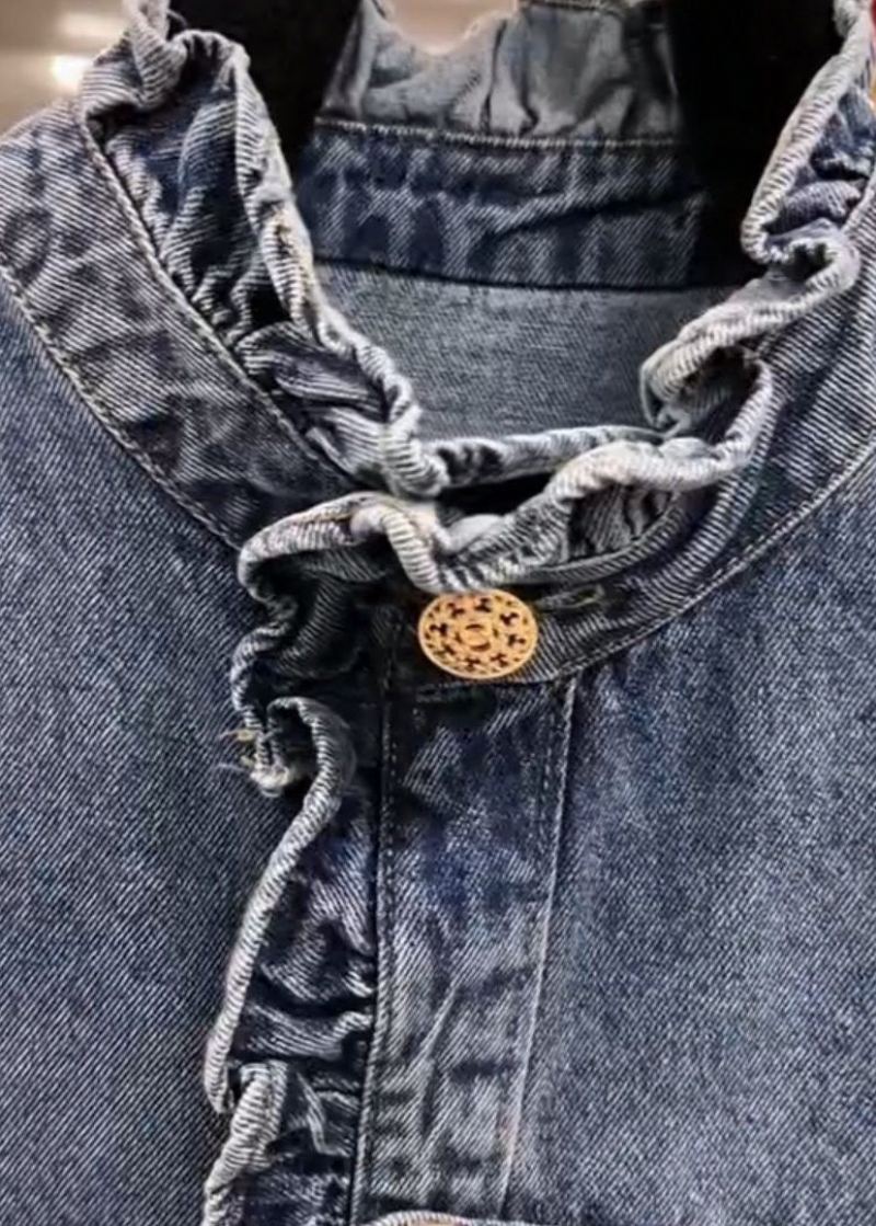 Nouveau Bleu À Volants Bouton Denim Manteaux À Manches Longues - Manteaux d'hiver femmes