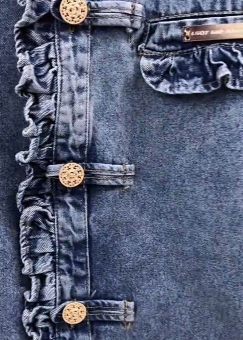 Nouveau Bleu À Volants Bouton Denim Manteaux À Manches Longues - Manteaux d'hiver femmes