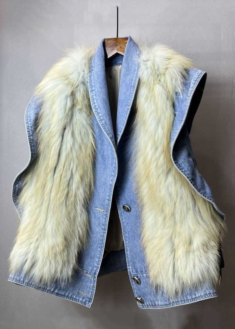 Nouveau Bleu À Volants Fourrure Floue Moelleux Patchwork Denim Gilet Sans Manches - Manteaux d'hiver femmes