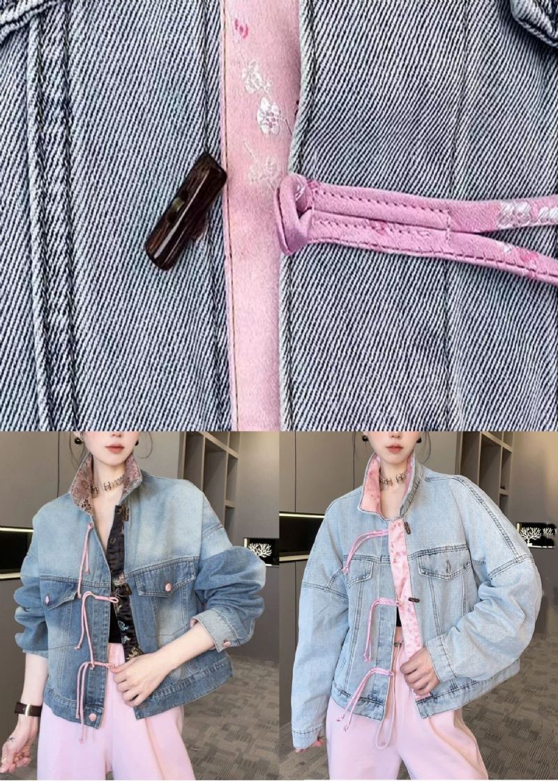 Nouveau Bouton Bleu Clair Patchwork Denim Manteaux À Manches Longues - Manteaux d'hiver femmes