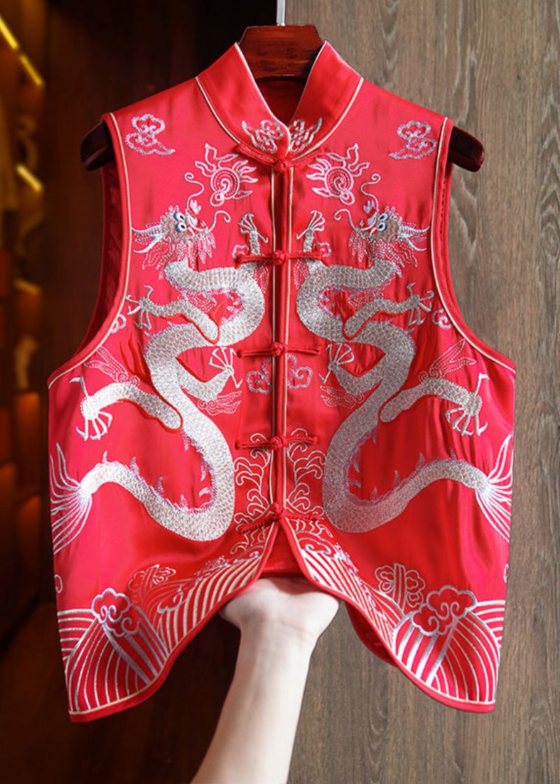 Nouveau Bouton Brodé Rouge Patchwork Soie Plage Gilet Sans Manches