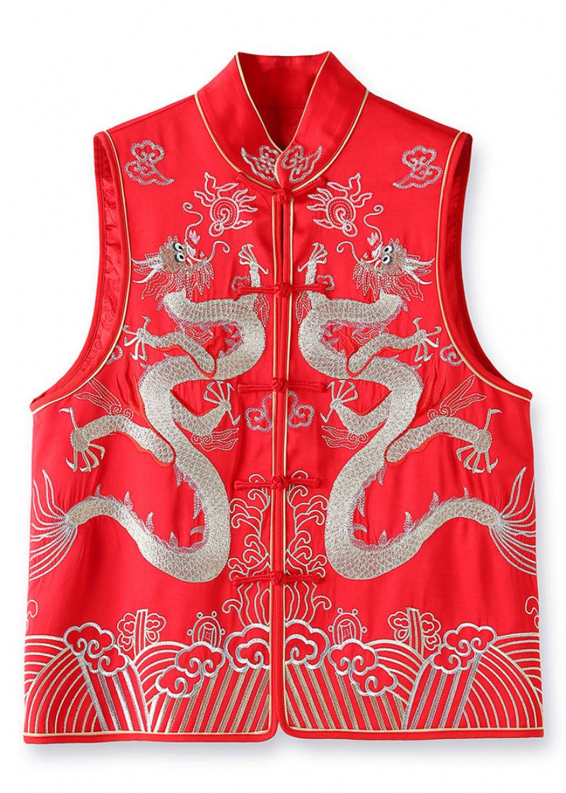 Nouveau Bouton Brodé Rouge Patchwork Soie Plage Gilet Sans Manches - Manteaux d'hiver femmes