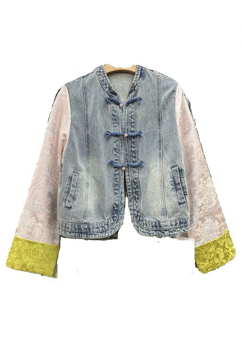 Nouveau Bouton Jaune Patchwork Denim Manteaux À Manches Longues - Manteaux d'hiver femmes