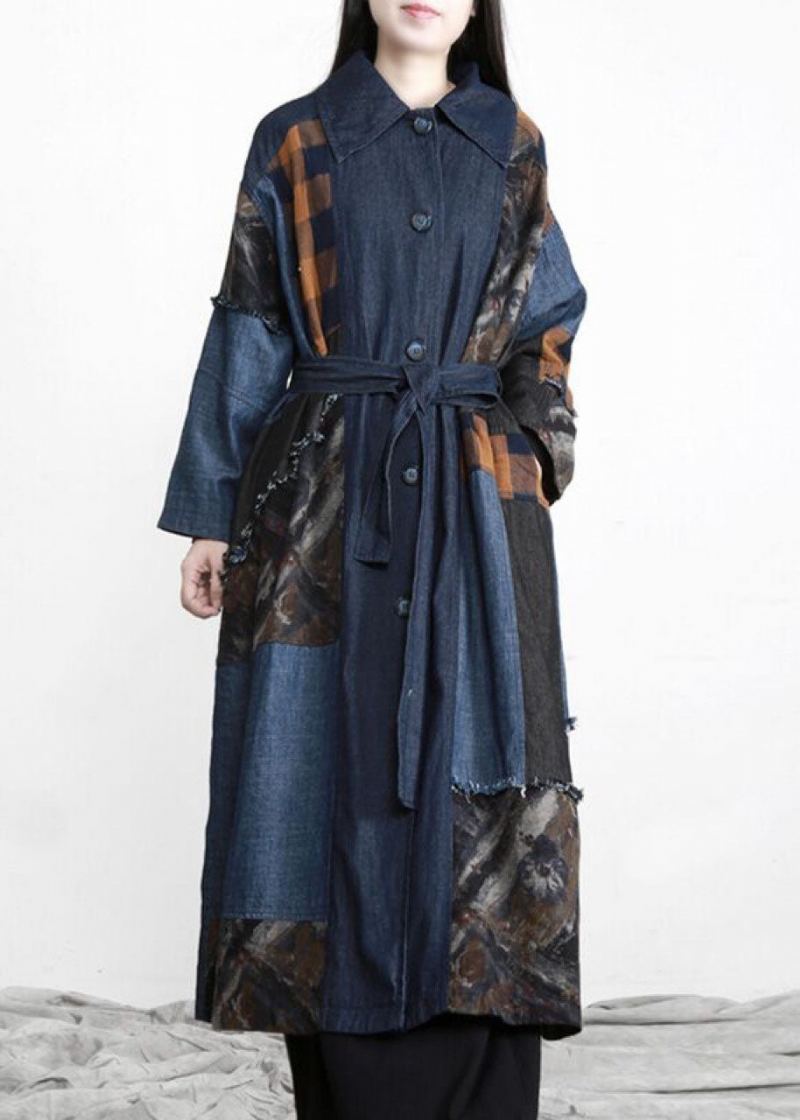 Nouveau Denim Bleu Patchwork Bouton Cravate Taille Automne Trench Manteaux