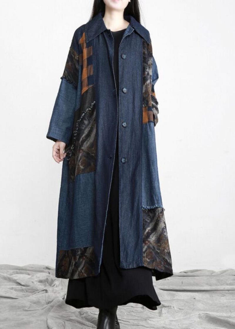 Nouveau Denim Bleu Patchwork Bouton Cravate Taille Automne Trench Manteaux - Manteaux d'hiver femmes