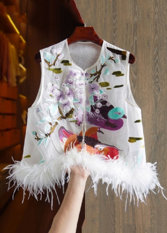 Nouveau Gilet En Soie Blanc Brodé Plume Patchwork Sans Manches