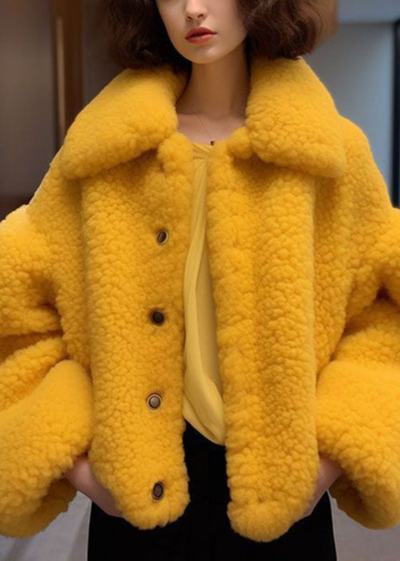 Nouveau Jaune Col Claudine Bouton Teddy Fausse Fourrure Manteaux À Manches