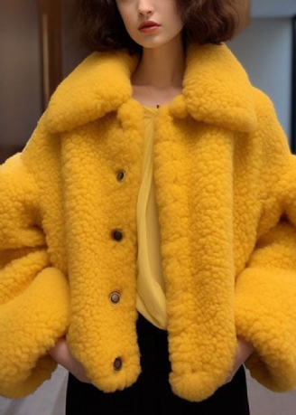 Nouveau Jaune Col Claudine Bouton Teddy Fausse Fourrure Manteaux À Manches