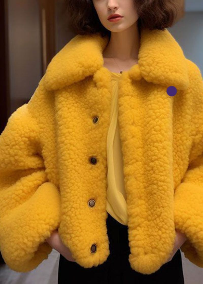 Nouveau Jaune Col Claudine Bouton Teddy Fausse Fourrure Manteaux À Manches - Manteaux d'hiver femmes