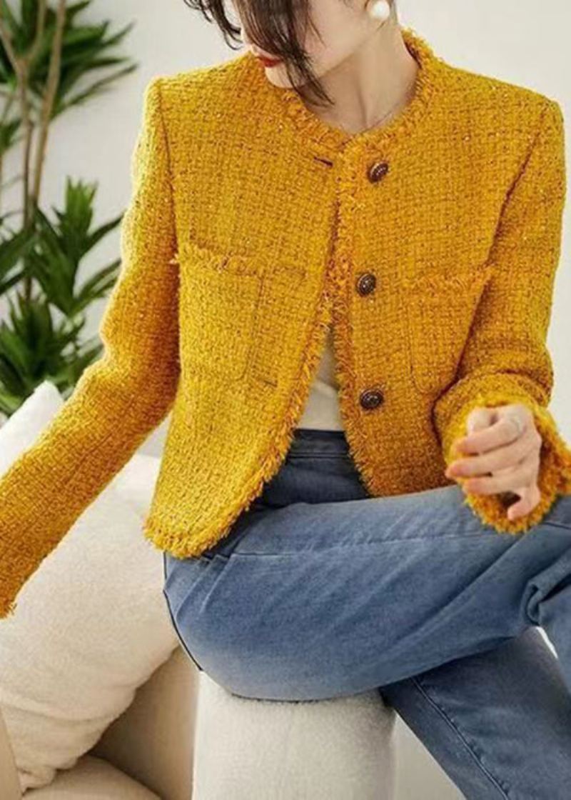 Nouveau Jaune O Cou Bouton Poches Coton Manteaux Automne - Manteaux d'hiver femmes