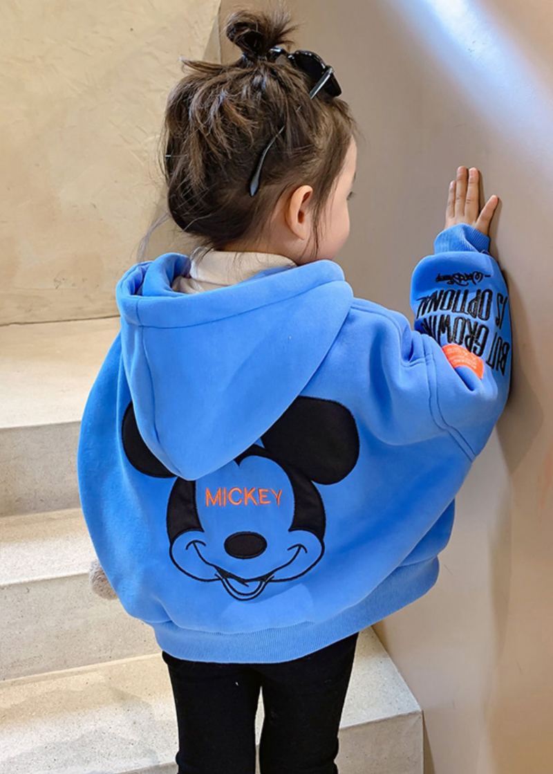 Nouveau Manteau Bleu À Capuche Fermeture Éclair Graphique En Coton Pour Bébés Filles