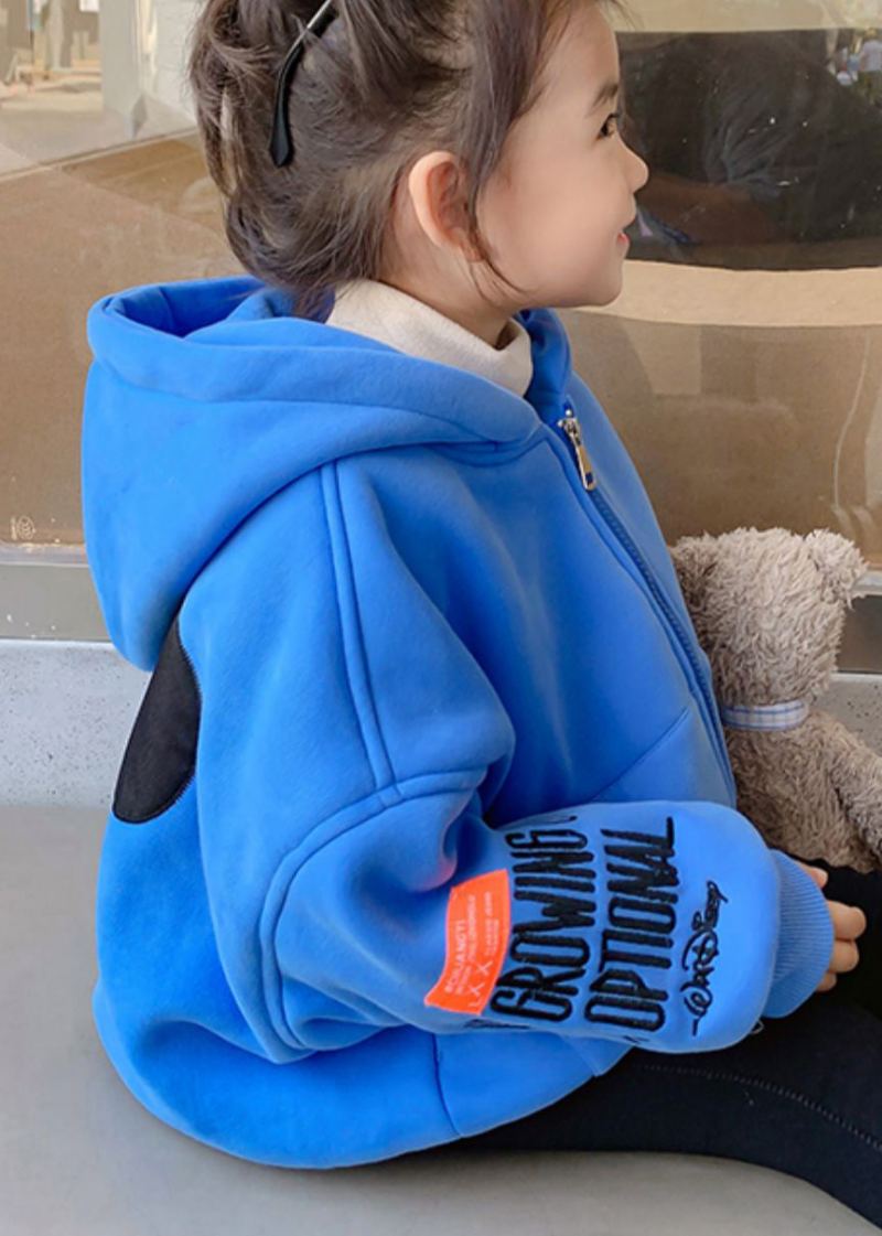 Nouveau Manteau Bleu À Capuche Fermeture Éclair Graphique En Coton Pour Bébés Filles - Manteaux d'hiver femmes