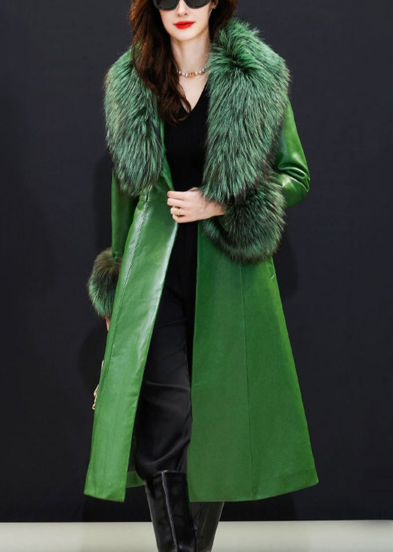 Nouveau Manteau En Faux Cuir Avec Col En Renard Vert Émeraude Cravate Détachable À La Taille - Manteaux d'hiver femmes