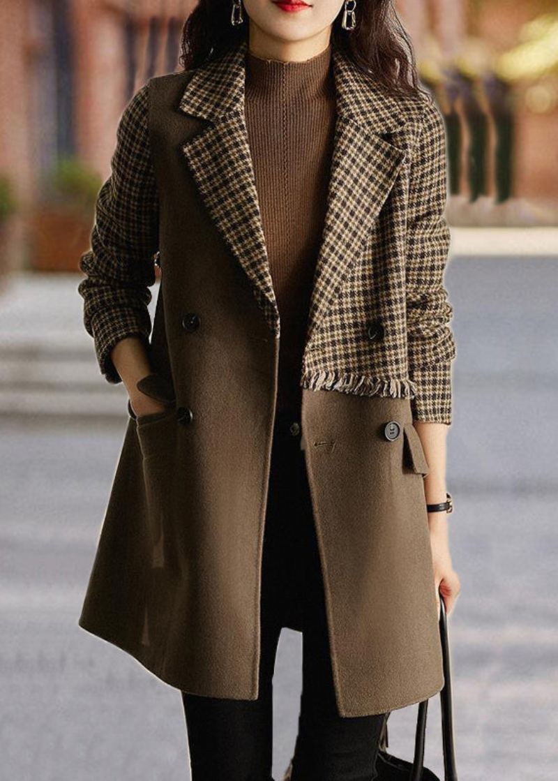 Nouveau Manteau En Laine Patchwork Avec Poches À Carreaux Marron Manches - Manteaux d'hiver femmes