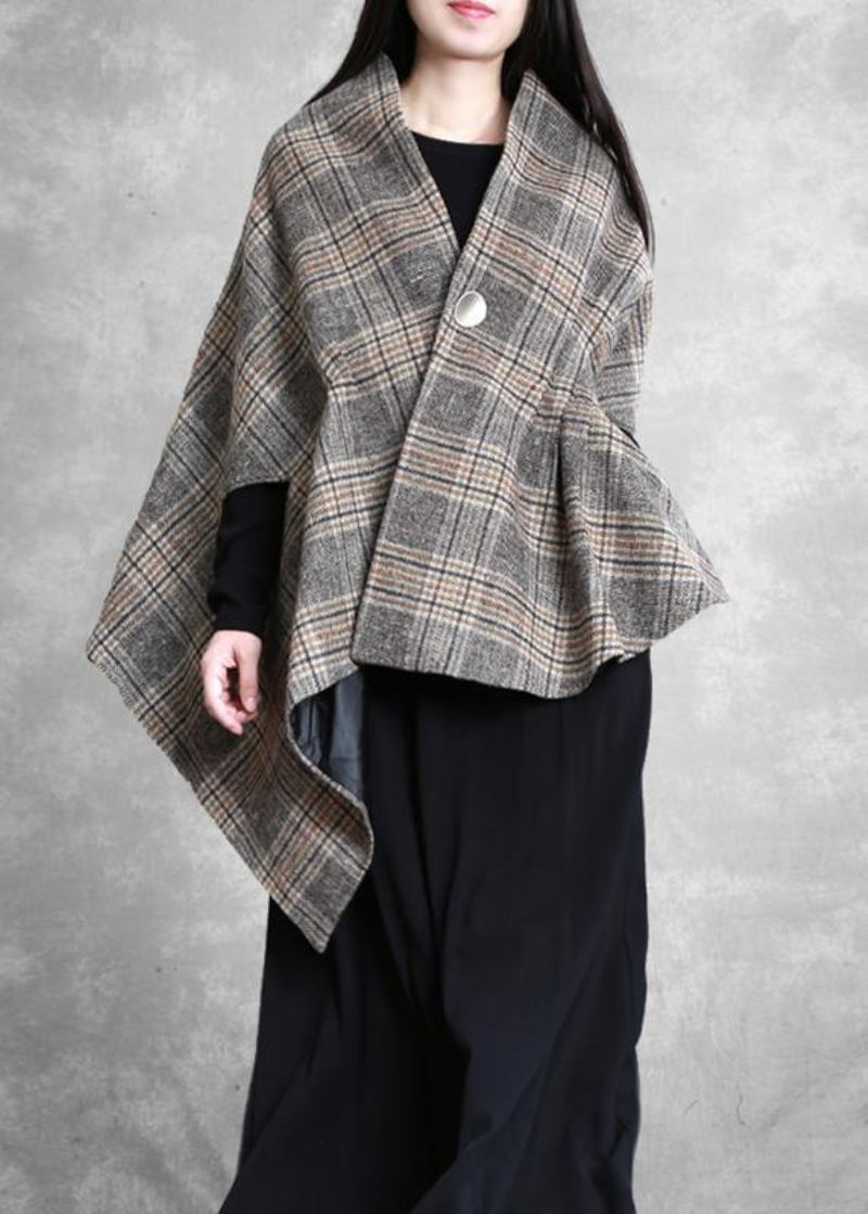 Nouveau Manteau De Longueur Moyenne Grande Taille Vêtements D'extérieur Kaki Plaid Asymétrique Manches Chauve-souris Manteaux De Laine