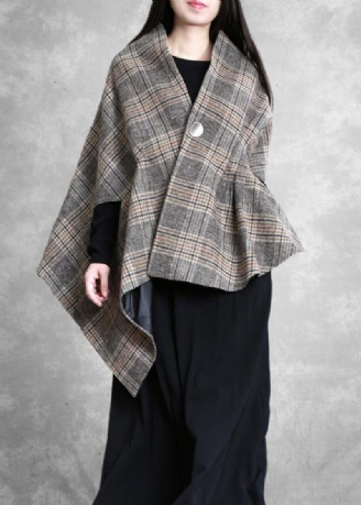 Nouveau Manteau De Longueur Moyenne Grande Taille Vêtements D'extérieur Kaki Plaid Asymétrique Manches Chauve-souris Manteaux De Laine