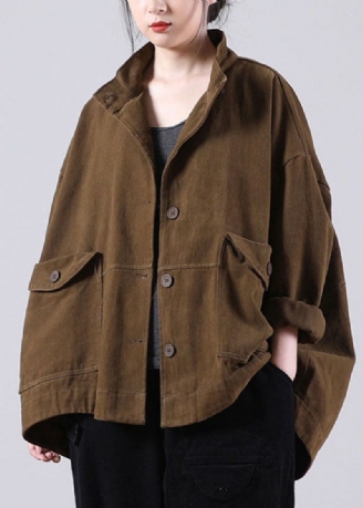 Nouveau Manteau À Manches Longues Poches Amples En Chocolat Bouton D'automne