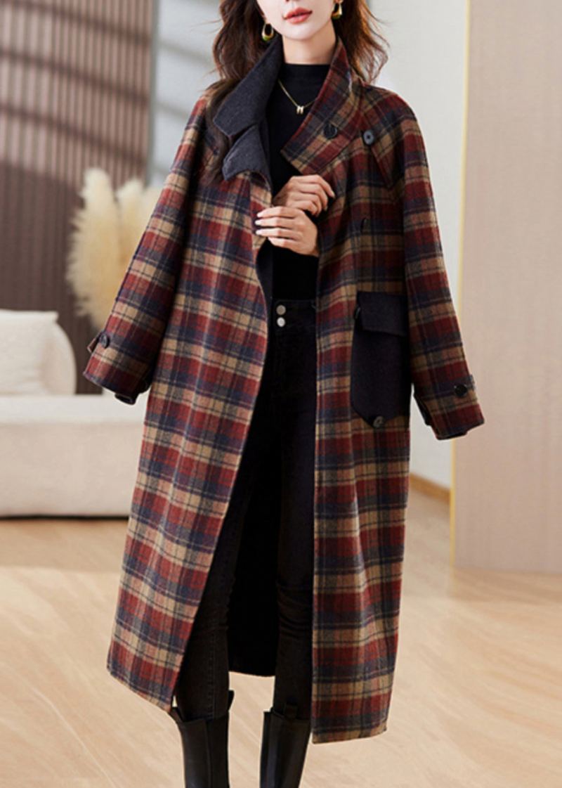 Nouveau Plaid Bouton Poches Patchwork Cachemire Longs Manteaux Hiver - Manteaux d'hiver femmes