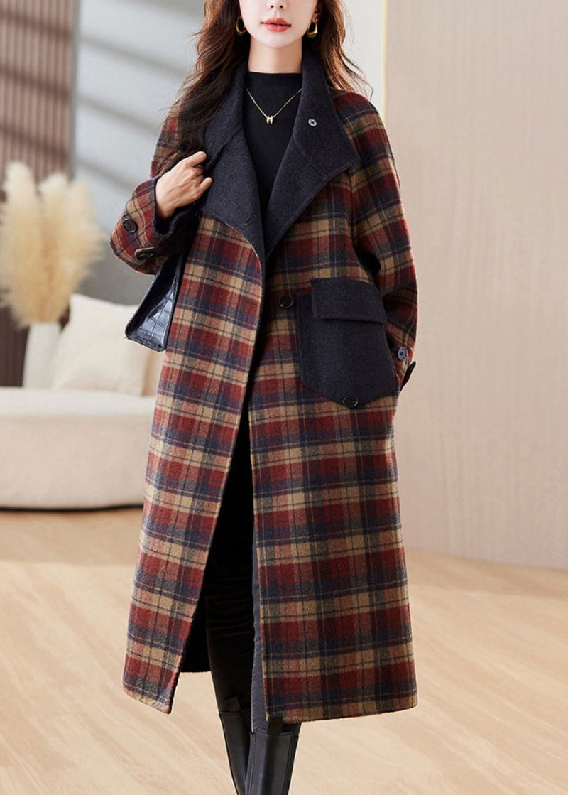 Nouveau Plaid Bouton Poches Patchwork Cachemire Longs Manteaux Hiver - Manteaux d'hiver femmes