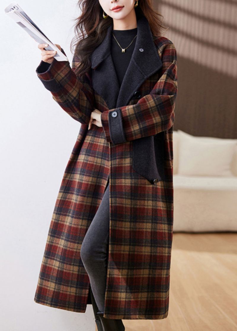 Nouveau Plaid Bouton Poches Patchwork Cachemire Longs Manteaux Hiver - Manteaux d'hiver femmes