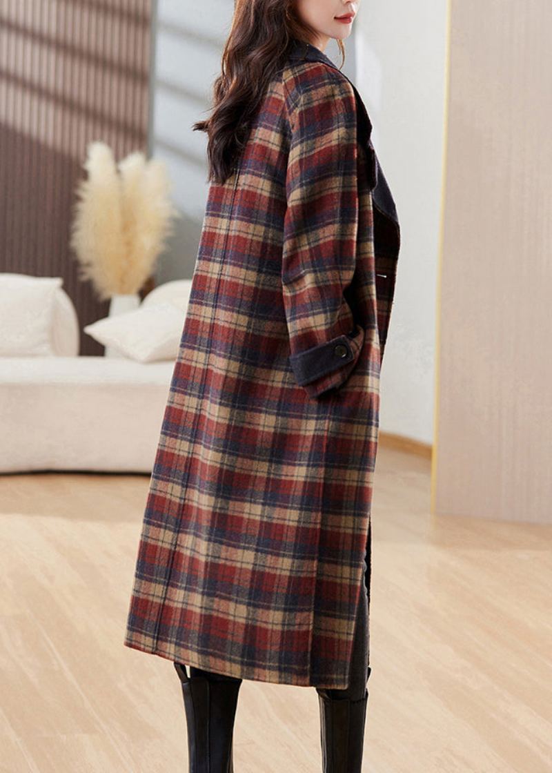 Nouveau Plaid Bouton Poches Patchwork Cachemire Longs Manteaux Hiver - Manteaux d'hiver femmes