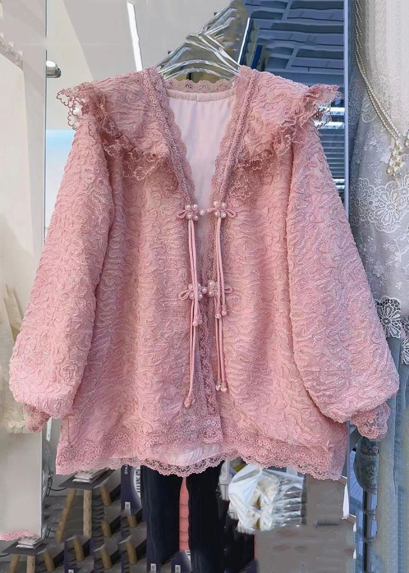 Nouveau Rose Bouton Dentelle Patchwork Coton Manteau À Manches Longues