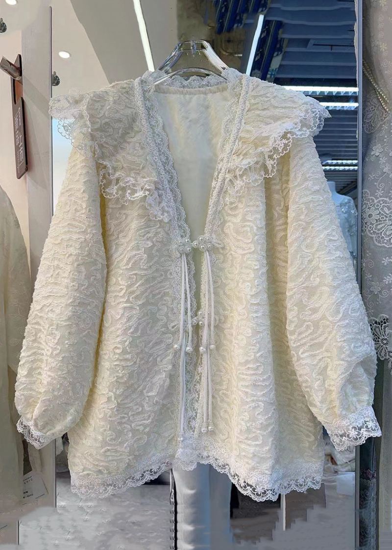 Nouveau Rose Bouton Dentelle Patchwork Coton Manteau À Manches Longues - Manteaux d'hiver femmes