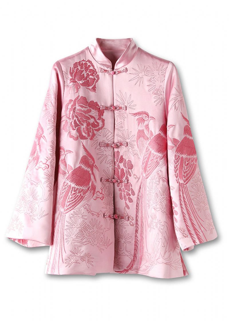 Nouveau Rose Brodé Bouton Patchwork Soie Manteaux Automne - Manteaux d'hiver femmes