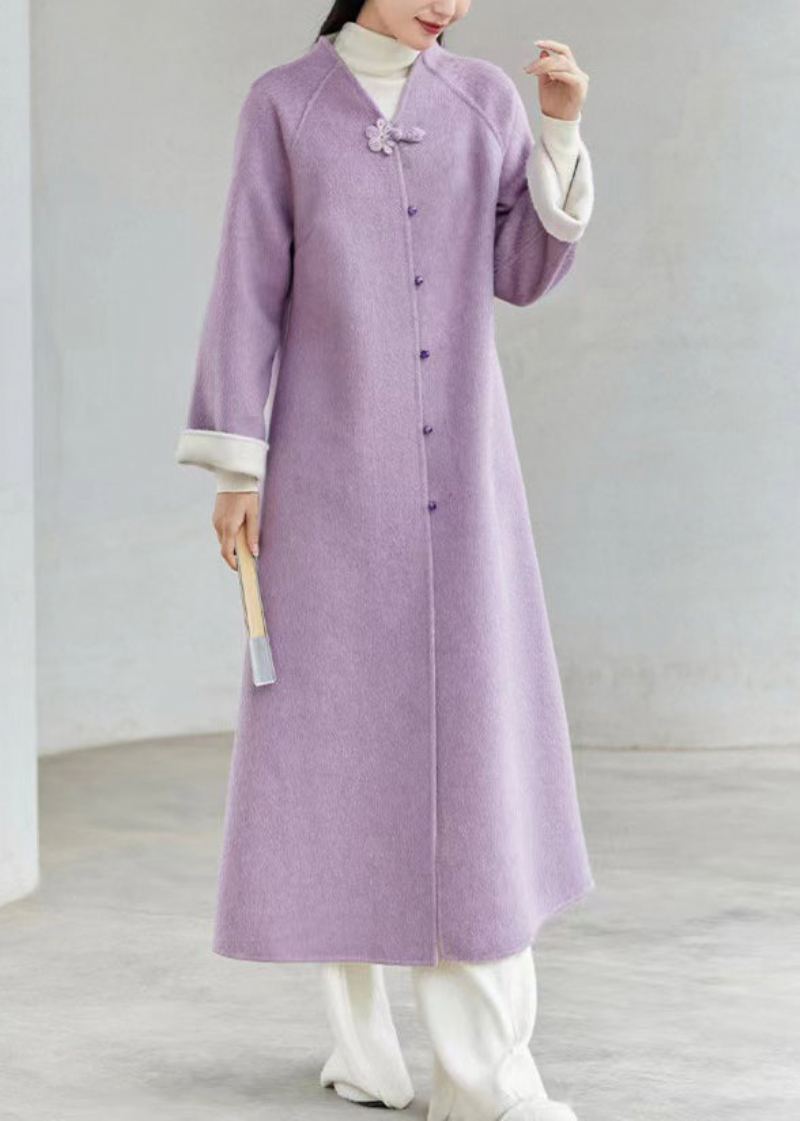 Nouveau Style Chinois Violet Col En V Bouton Patchwork Manteaux De Laine En Vrac Hiver