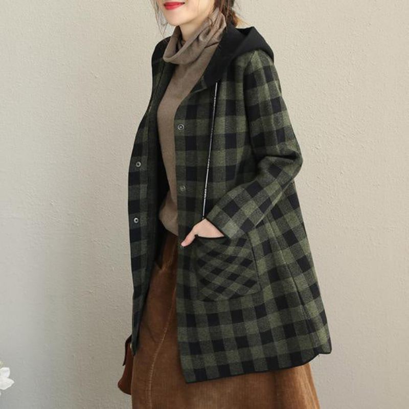 Nouveau Sweat À Capuche Ample Plaid Épaissir Manteau Femmes Vestes - Vert