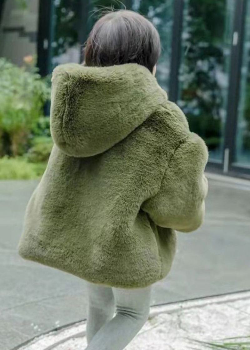 Nouveau Vert À Capuche Bouton Fourrure Floue Filles Manteau Printemps - Manteaux d'hiver femmes